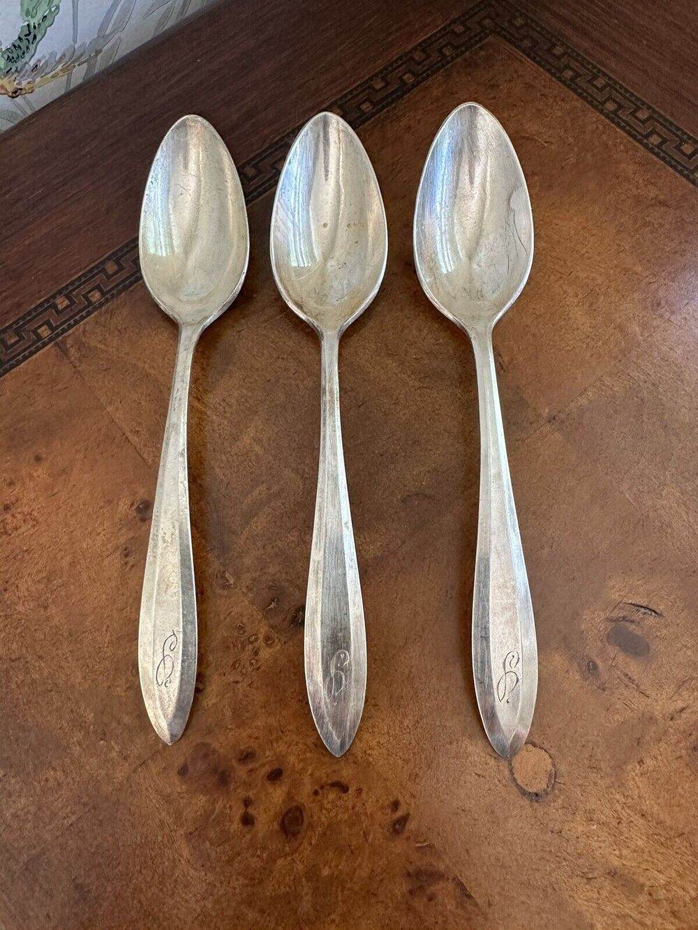 3 Antique 1914 "Patrician" Community Silver-Plate FLUTED Spoon 6" Monogrammed S